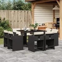 Set da Pranzo da Giardino 9 pz con Cuscini Nero in Polyrattan 3277961