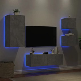 Mobili Tv A Muro 4pz Con Luci Led Grigio Cemento /