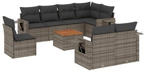 Set Divano da Giardino 9 pz con Cuscini Grigio in Polyrattan