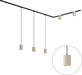 Sistema di illuminazione a binario moderno nero con 3 luci a sospensione e 2 faretti beige monofase - Iconic Holt Rondoo Up