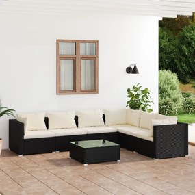 Set salotto da giardino 7 pz con cuscini in polyrattan nero