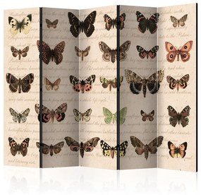Paravento Stile Retrò: Farfalle II - farfalle colorate su sfondo di carta con scritte
