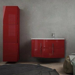 Mobile bagno sospeso rosso lucido 105 cm con colonna da 170 cm e lavabo a destra