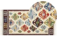 Tappeto Kilim multicolore in lana 80 x 150 cm Tessuto a mano a trama piatta con motivi orientali e frange tradizionale