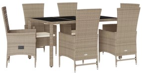Set da pranzo da giardino 7 pz con cuscini beige in polyrattan