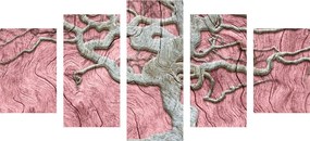 Quadri 5 pezzi – Albero astratto su legno con contrasto rosa