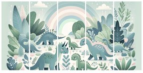 Quadri 5 pezzi – Mondo dei dinosauri con arcobaleno e giungla verde