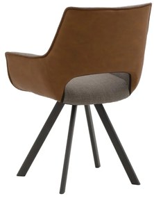 Set di sedie MONTMARTRE in similpelle marrone, tessuto grigio e gambe in metallo nero, con braccioli
