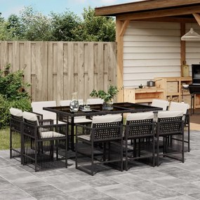 Set da pranzo da giardino 11 pz con cuscini in polyrattan nero