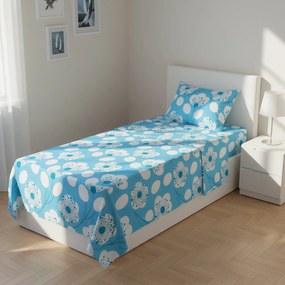 Completo letto singolo azzurro fiori bianchi