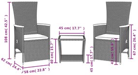 Set da pranzo da giardino 3 pz con cuscini nero in polyrattan