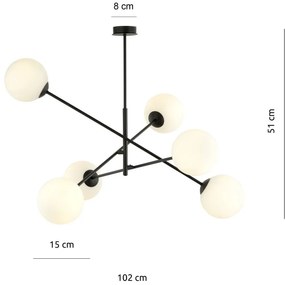 Lampadario da Soffitto in Acciaio e Vetro LINEAR 6 Nero 6xE14 Colore delle Sfere Bianco