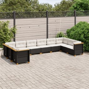 Set divani da giardino 10pz con cuscini in polyrattan nero