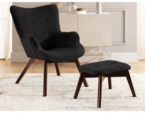 Poltrona con poggiapiedi nera con rivestimento in velluto a coste Niko – Ropez