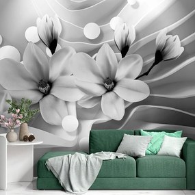 Carta da parati – Magnolia in bianco e nero su sfondo astratto