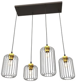 Sospensione Minimal Industrial Minerva 4 Luci Lineari Nera E Oro