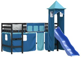 Letto a soppalco con torre bambini blu 80x200cm massello pino