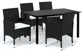 Set da pranzo per giardino 5 pz con cuscini in polyrattan nero