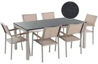 Set da pranzo da giardino beige con piano in granito Nero 6 posti 180 x 90 cm