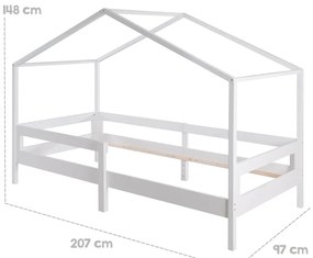 Letto da bambini a forma di casa bianco in legno massiccio con contenitore con rete inclusa 90x200 cm – Roba