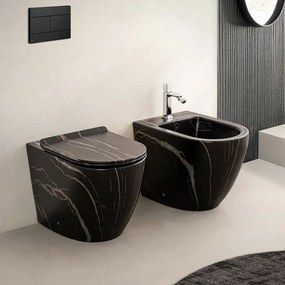 Water filoparete Rimless ceramica marmorizzata nera con sedile Tokyo