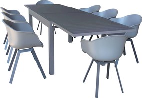 JERRI - set tavolo in alluminio cm 135/270 x 90 x 75 h con 8 poltrone Jessie