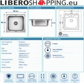 Lavello incasso 1 vasca 48x48 cm a pozzetto acciaio inox