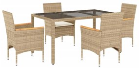 Set da pranzo da giardino 5 pz con cuscini polyrattan e vetro