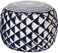 Pouf da giardino blu navy e beige in materiale sintetico rotondo 50 cm Ottomana da esterno intrecciata a mano in stile Boho