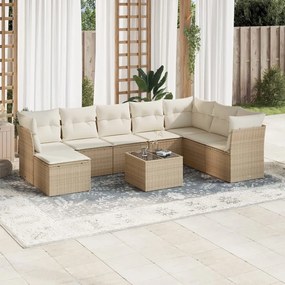 Set divano da giardino 9 pz con cuscini beige in polyrattan