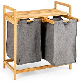 Costway Cesto della biancheria in bambù con doppio scompartimento, Cesto a 2 sezioni per lavanderia con borse rimovibili