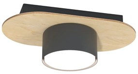 Plafoniera 1 Luce Freya In Acciaio Nero E Legno Naturale Diffusore A Cilindro