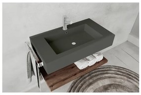 Lavabo Sospeso Antracite 80 Cm Con Mensola Effetto Legno E Specchio - Roma