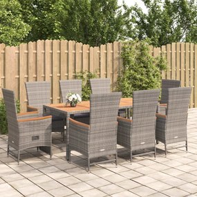 Set da pranzo da giardino 9 pz con cuscini in polyrattan grigio