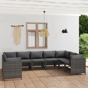 Set divani da giardino 9 pz con cuscini in polyrattan grigio