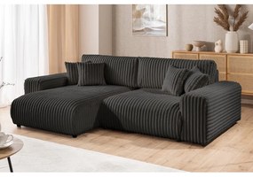 Divano angolare con penisola a sinistra grigio scuro e rivestimento in velluto a coste allungabile e con contenitore Sarina – Ropez