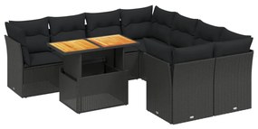 Set divani da giardino 9 pz con cuscini nero in polyrattan