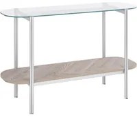 Tavolo console con piano in vetro temperato e struttura in metallo 1 ripiano in legno chiaro e argento stile moderno