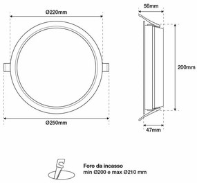 Faro LED incasso 30W, foro ø200-210, 110lm/W UGR19- Dimmerabile Colore  Bianco Caldo 2.700K