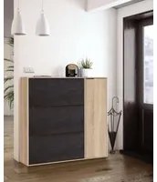 Scarpiera Provo, Armadio portascarpe a 4 ante, Mobile basso multiuso con 5 ripiani, Scarpiera moderna, cm 106x22h115, Rovere e Nero