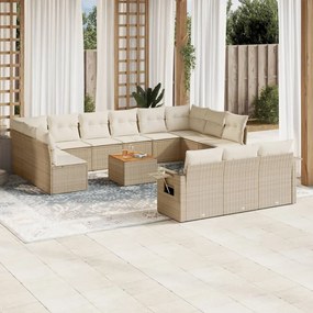 Set divani da giardino 14pz con cuscini in polyrattan beige