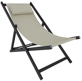 Sedia Sdraio Leggera Da Giardino Schienale Regolabile 5 Posizioni Pieghevole Ergonomica Con Cuscino Traspirante Struttura Nera In Alluminio Da Esterno Piscina Mare Portata Massima 160 Kg (Beige)