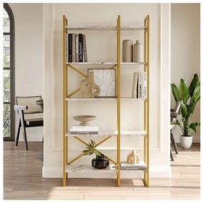 Libreria Oro 88x30x175 Cm 5 Ripiani Effetto Marmo Doppio Modulo Decus