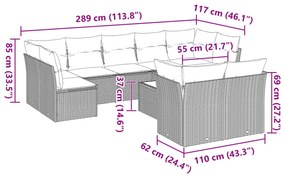 Set divano giardino 10 pz con cuscini grigio chiaro polyrattan