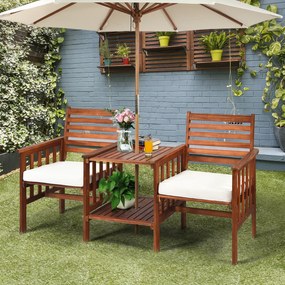 Costway Set di sedie e tavolo in legno di acacia per esterni con foro per ombrello da 5cm, Set di mobili a 2 posti Bianco