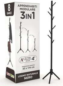 Appendiabiti in legno naturale, 8 ganci, modulare, 174 cm, Nero
