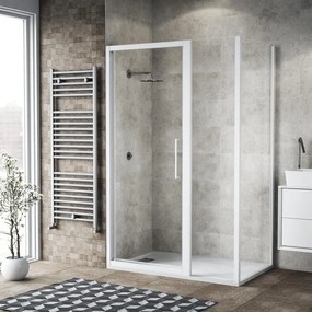 Box doccia con ingresso frontale battente Record L 140 x H 195 cm, vetro 6 mm vetro senza finitura / trasparente profilo bianco spazzolato