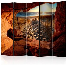 Paravento design Grotta: Spiaggia bellissima II (5 parti) - vista sul mare tra le rocce