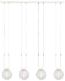 Sospensione 4 Luci Glam In Acciaio Bianco Oro E Sfera In Vetro Trasparente