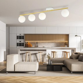 Plafoniera Contemporanea 4 Luci Achille In Acciaio Oro E Sfere Vetro Bianco